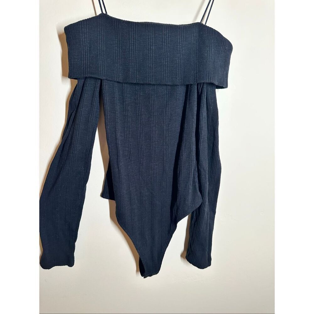 Aerie Black Ribbed Off The Shoulder Bodysuit Size Medium